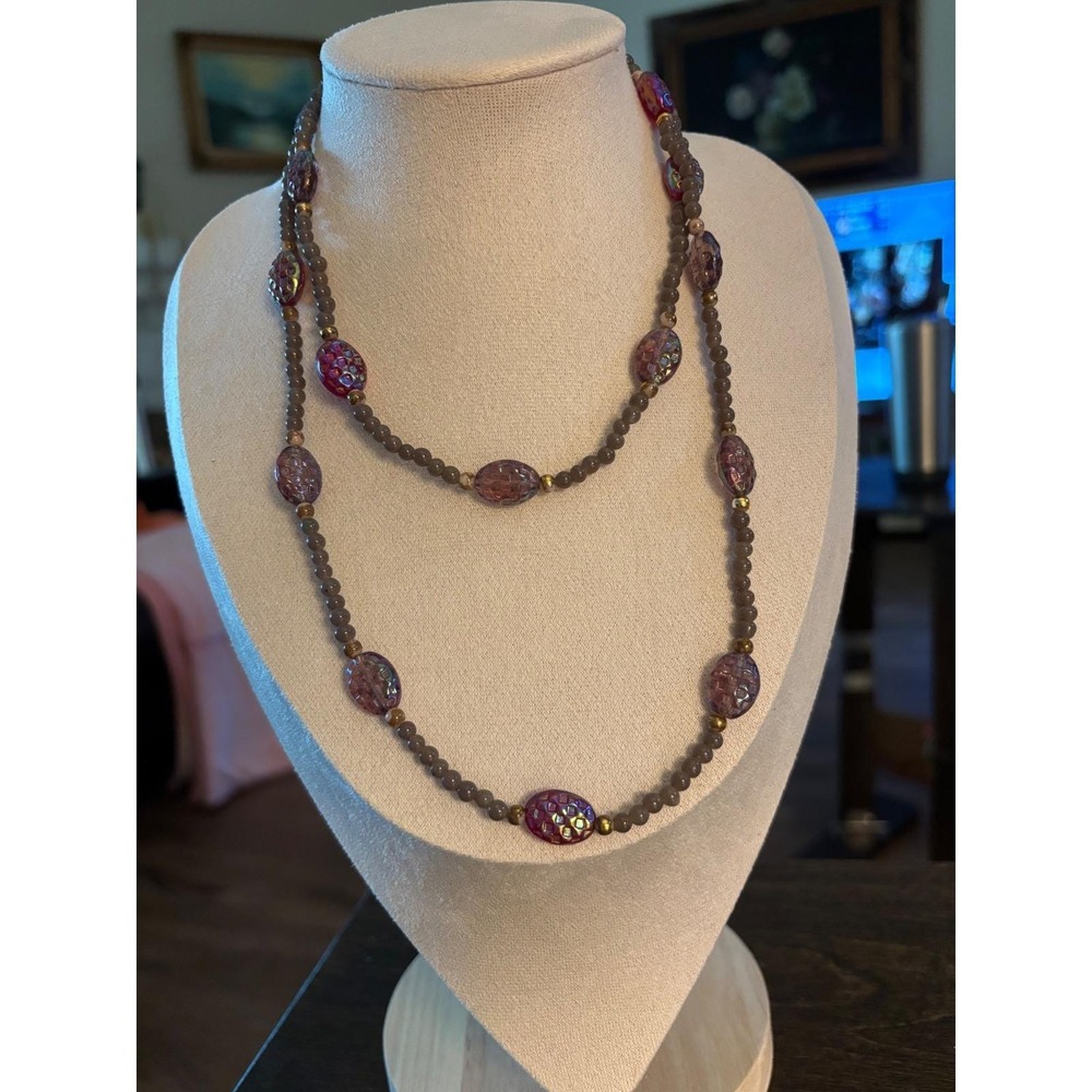 Long Beaded Necklace Iridescent Druzy Style Glass Beads Boho Boutique 35"